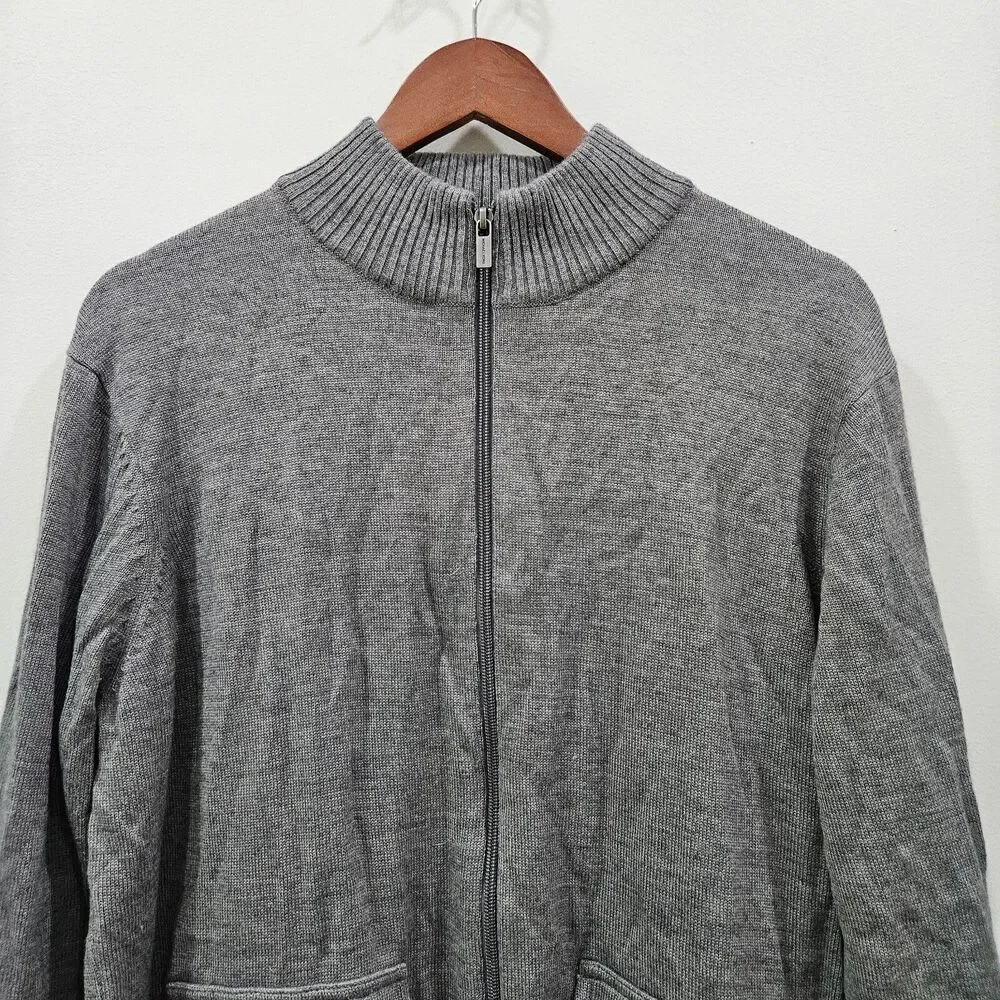 Michael Kors Mens Wool Blend Full Zip Sweater Size L Grey Pockets Warm Neutral